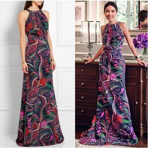 EMILIO PUCCI Black Smeraldo Floral Print Jewel Neckline Maxi Evening Gow…